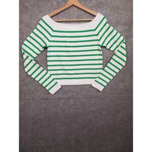 Women's OQQ Size XL Green & White Stripe Long Sleeve Stretch Crop Top